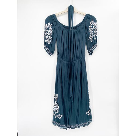 Tularosa Marty Blue Embroidered Off the Shoulder Tie Waist Dress Size Small - Picture 2 of 6